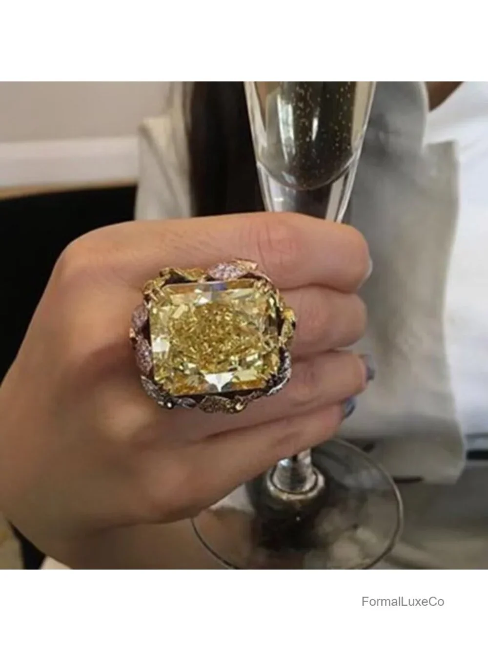 Oversized Champagne Square Zircon Ring Gold-Plated Statement Cocktail Ring Size